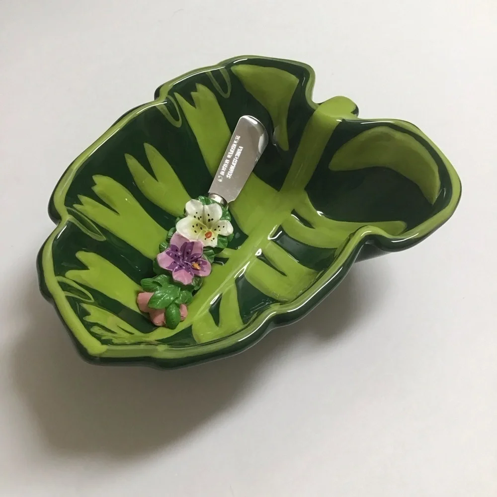 Tropical Leaf Serving Bowl Floral Spreader Green Ceramic Dip Fruit Hawaii Luau
